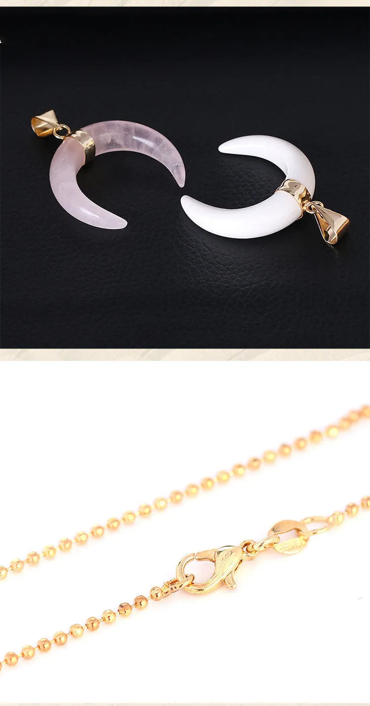 Natural semi-precious stone moon pendant necklace on electroplated copper chain with adjustable length