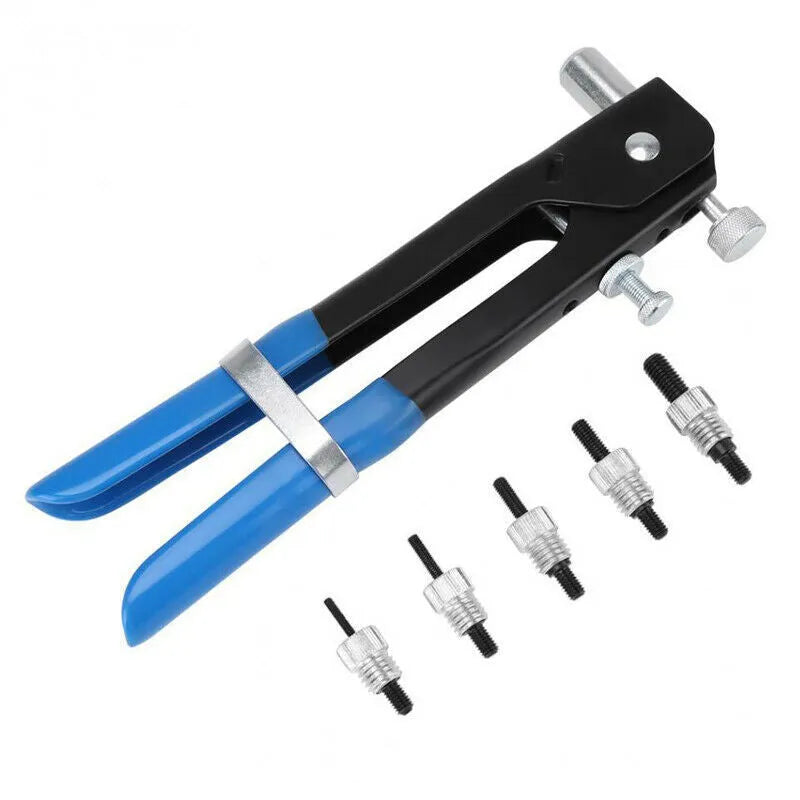 Alloy steel manual riveter nut set shown with replacement mandrels and nosepieces.