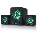 Mini USB computer speaker model U-2600 with glowing green light and 2.1 system design