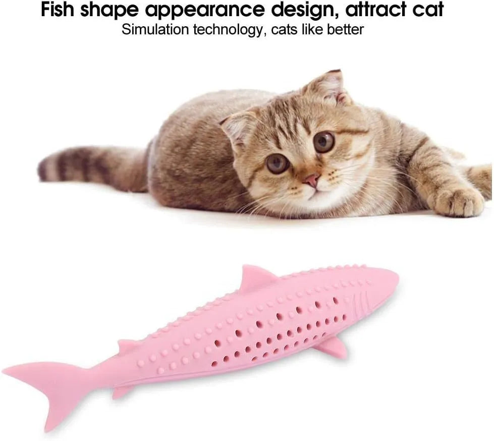 Green silicone fish-shaped cat chew toy with dental cleaning texture and side holes