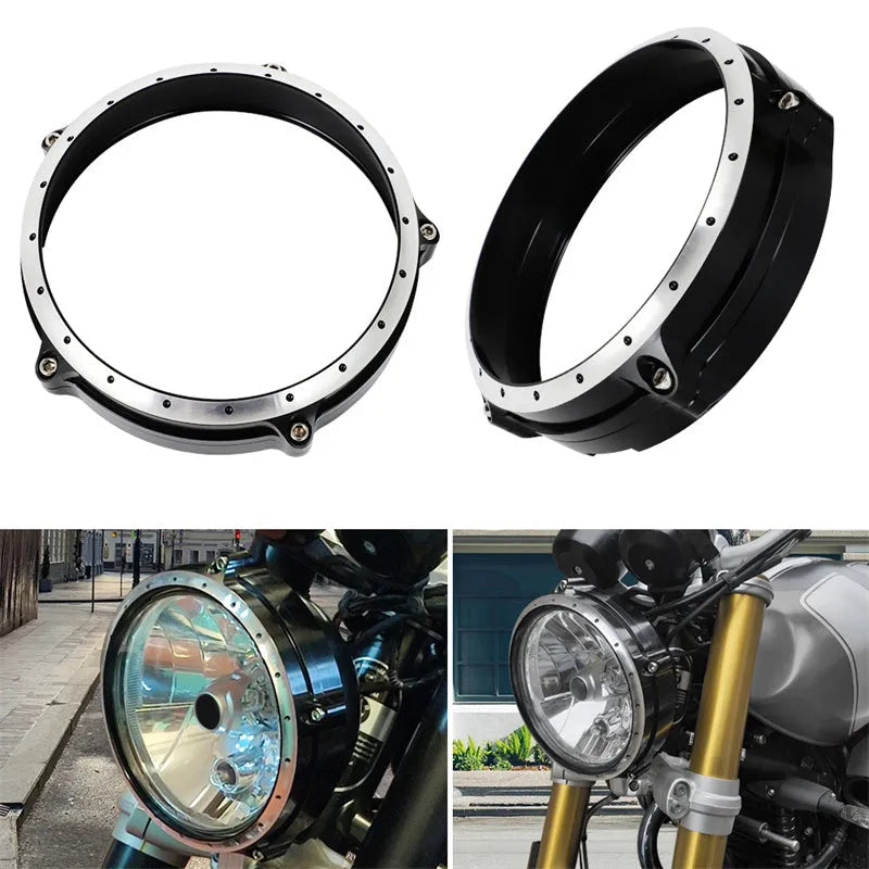 Black CNC aluminium headlight protective cover for BMW R Nine T Scrambler motorcycle
