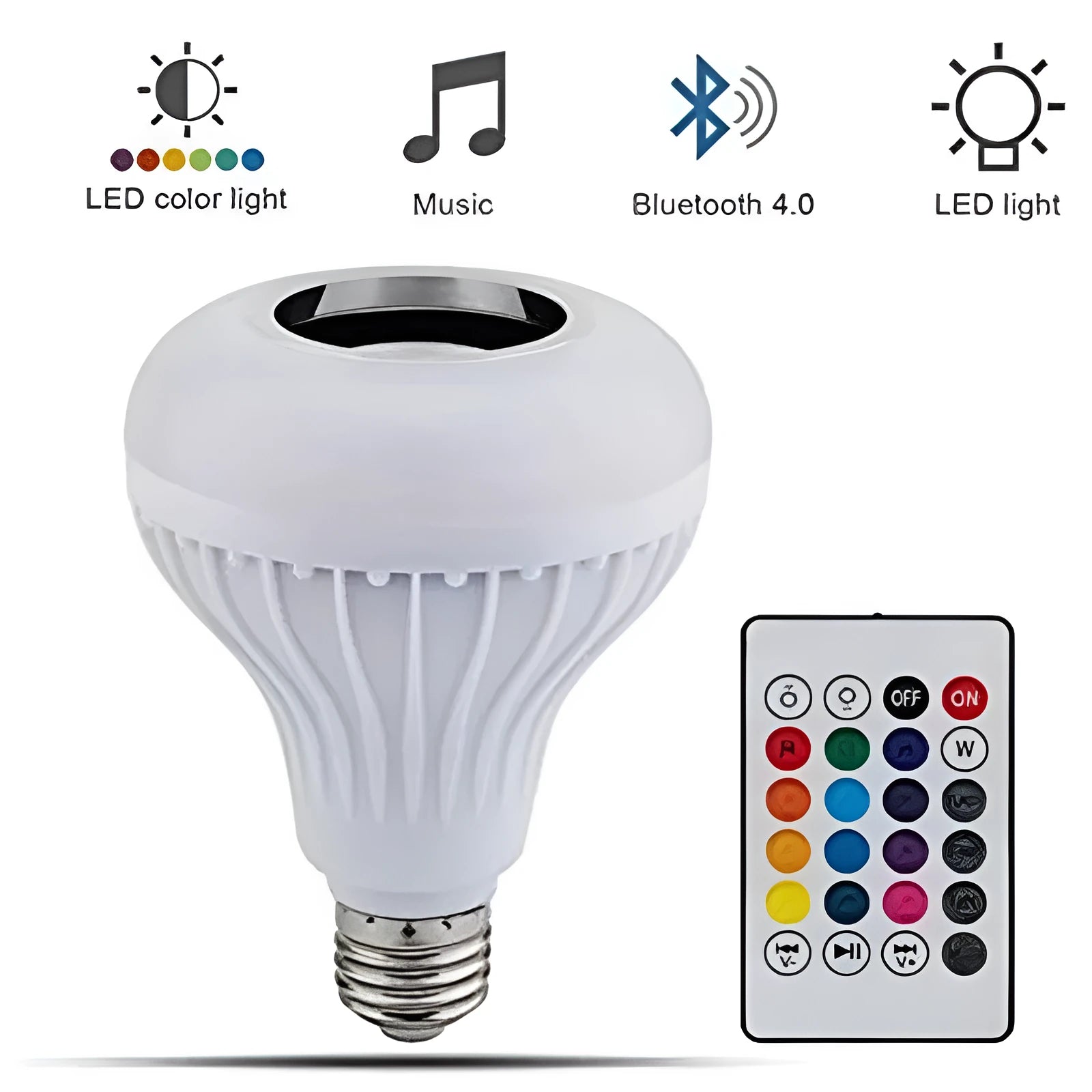 White E27 Bluetooth speaker light bulb with remote control showing 16 colour RGB lighting options