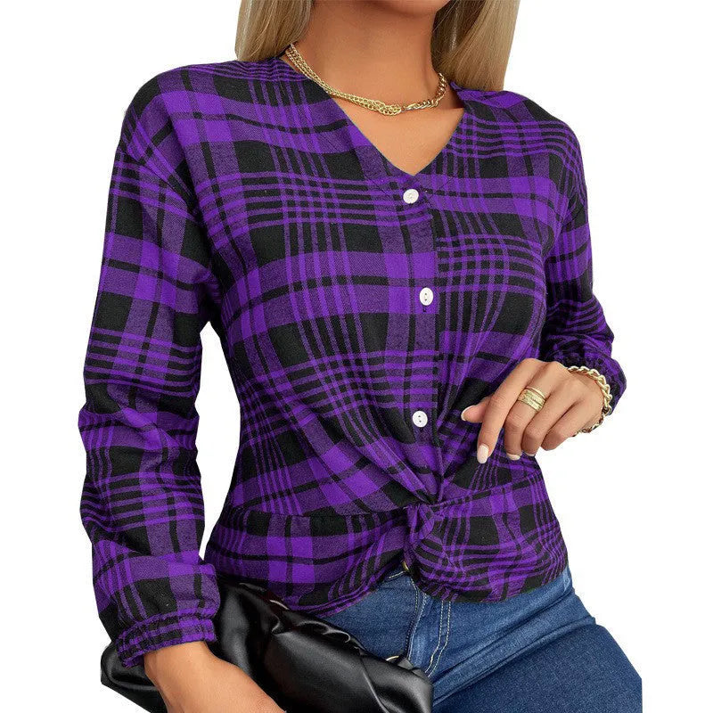 Women's loose-fit plaid casual shirt in polyester available in purple, grey, and red colours