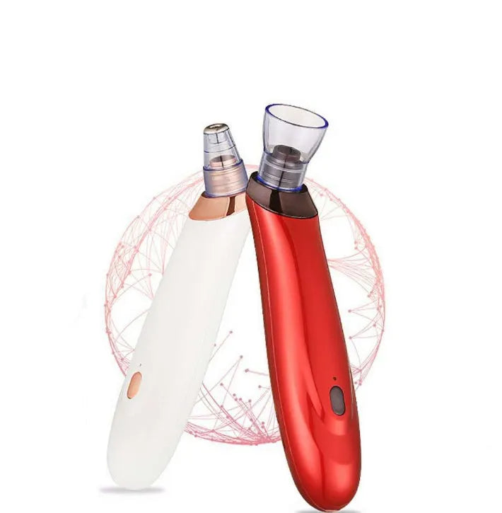 Black, gold, red, or white electric blackhead remover device with nozzle attachments on a white background.