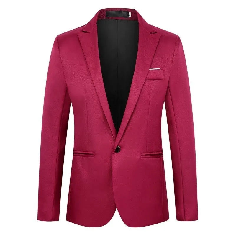 Men's loose fit acetate suit jacket for weddings shown in multiple colours including black, grey, and wine red.