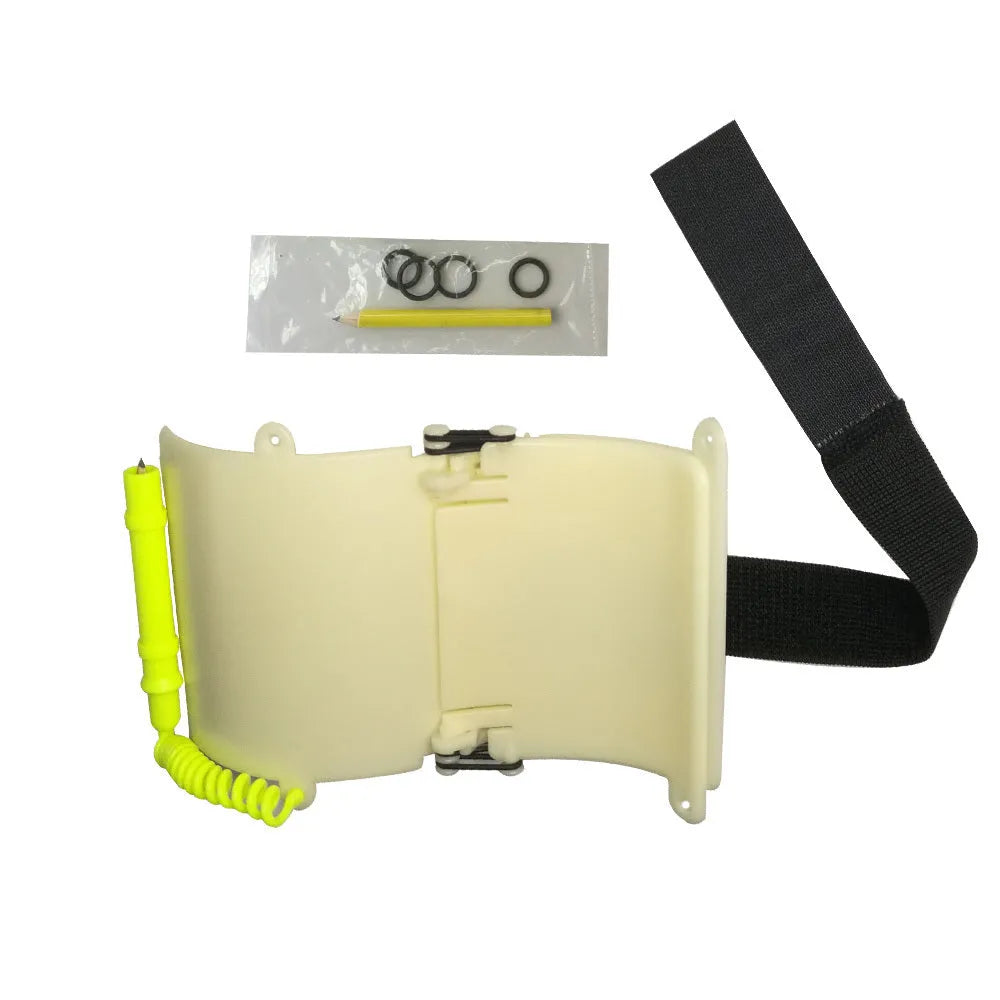 White luminous submersible writing board with pencil and spare O-ring for underwater communication