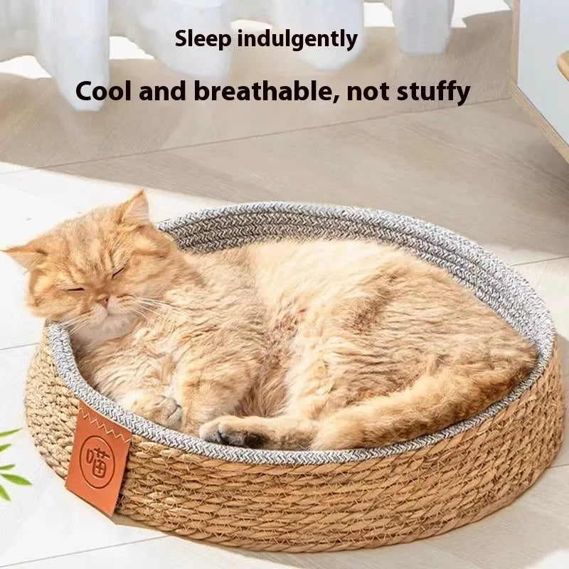 A woven rattan cat nest or bed, shown in one of four available sizes: S, M, L, or XL.