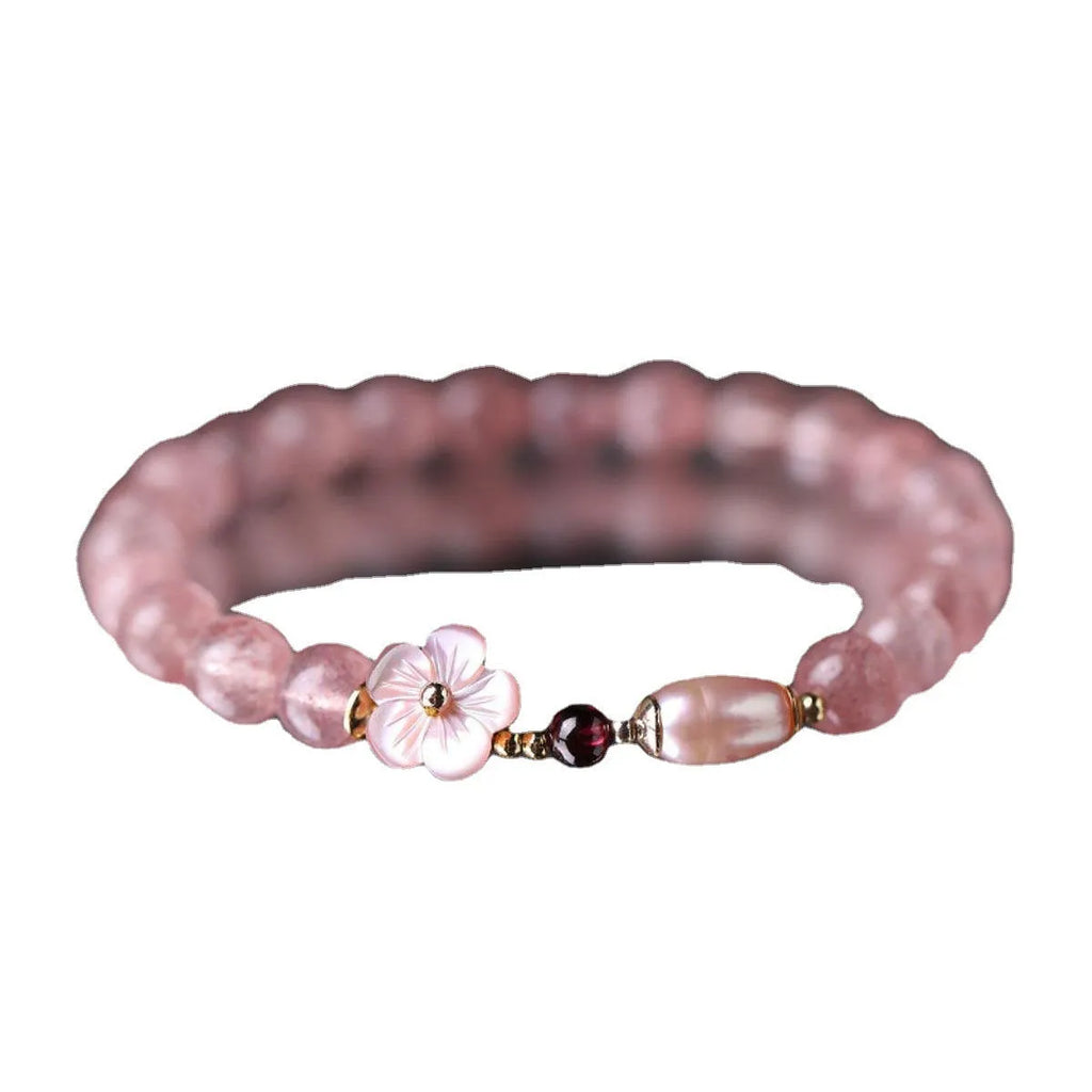 Strawberry quartz crystal peach blossom bracelet with flower design and adjustable string