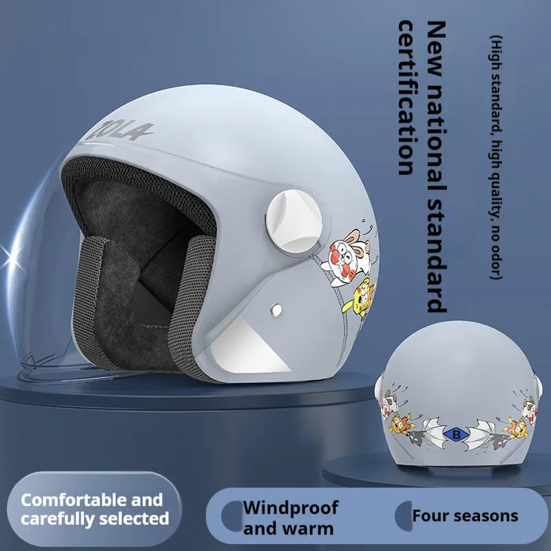 Blue winter electric bicycle helmet with attached ear scarf and a clear anti-fog visor.