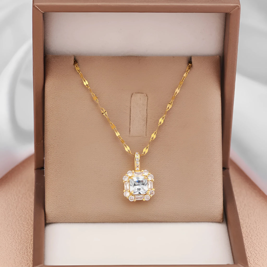 Women's gold geometric zircon pendant necklace on water wave chain