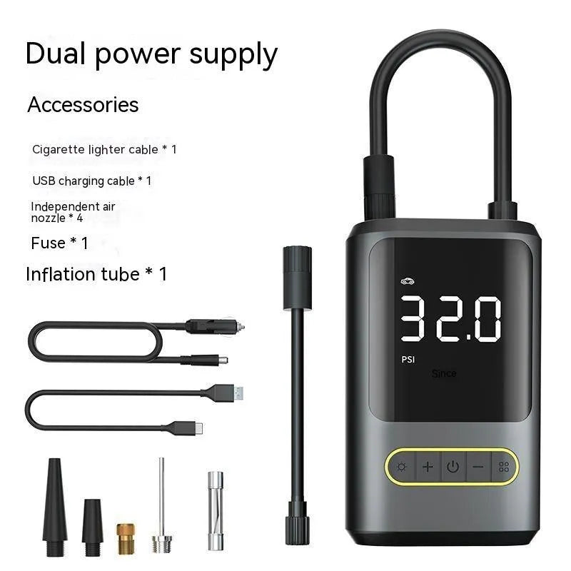 Black handheld wireless digital tyre inflator with LED display and flexible hose on a grey background.