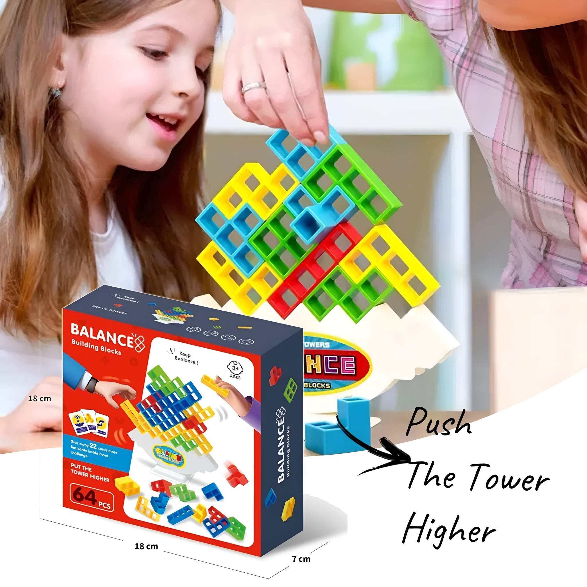 Plastic balance stacking game with 16 colourful building blocks, chassis, and base on a table.