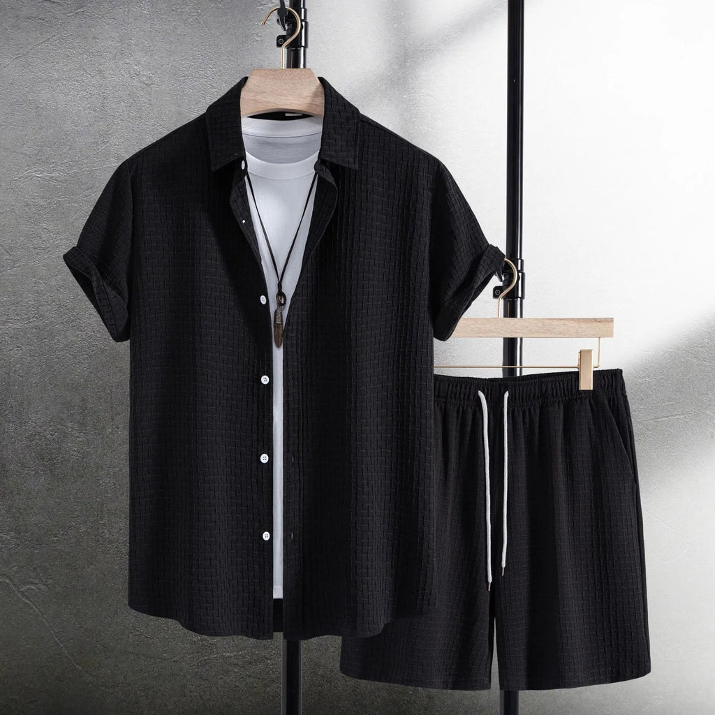 Men's summer beach suit with short-sleeved shirt and matching shorts in cotton blend fabric