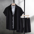 Men's summer beach suit with short-sleeved shirt and matching shorts in cotton blend fabric