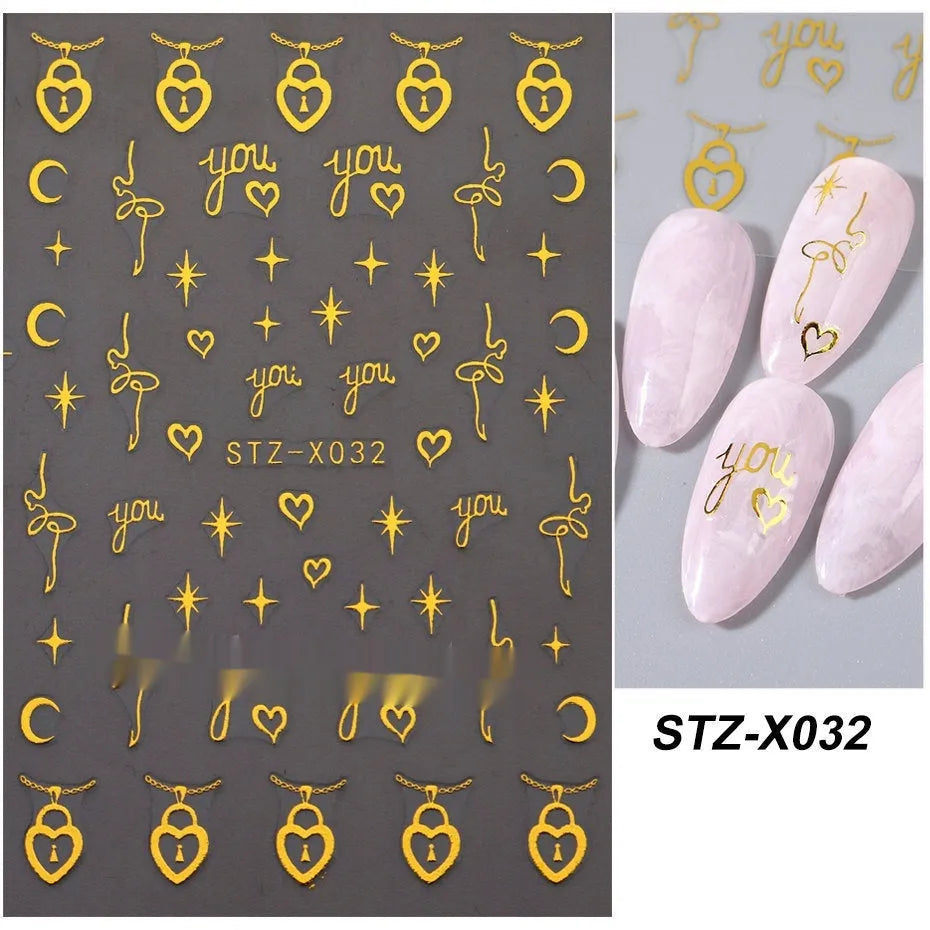 Cartoon nail art stickers with black and silver strip love pattern design