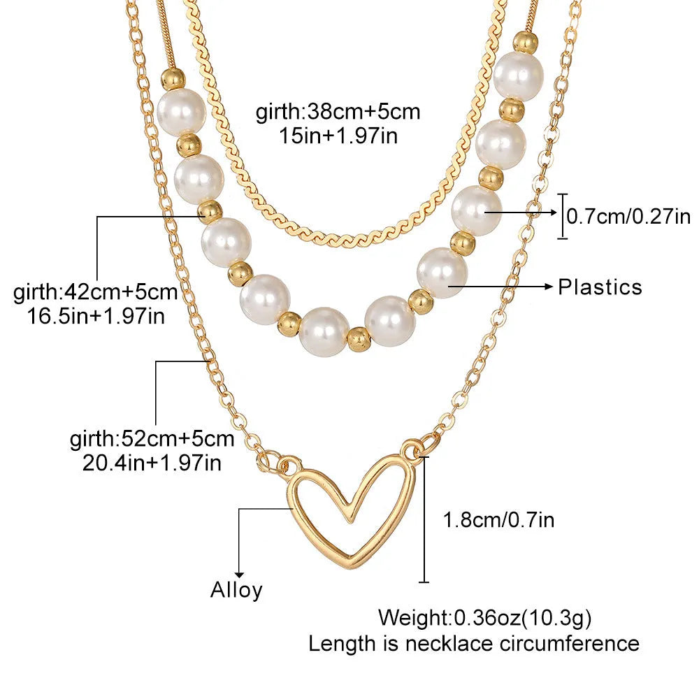 Vintage gold heart pendant necklace with pearl chain, adjustable 41-50cm length