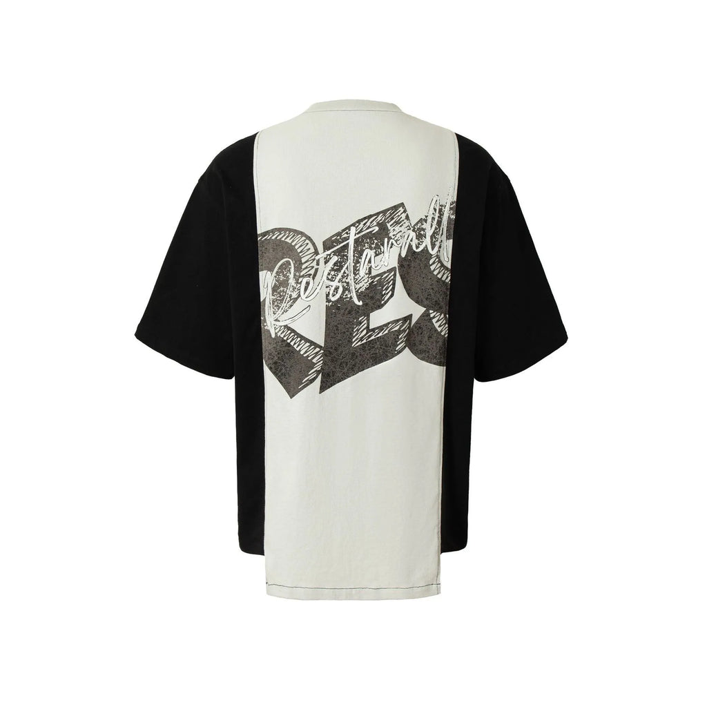 Black and white stitched deconstruction print cotton blend T-shirt with loose streetwear styling