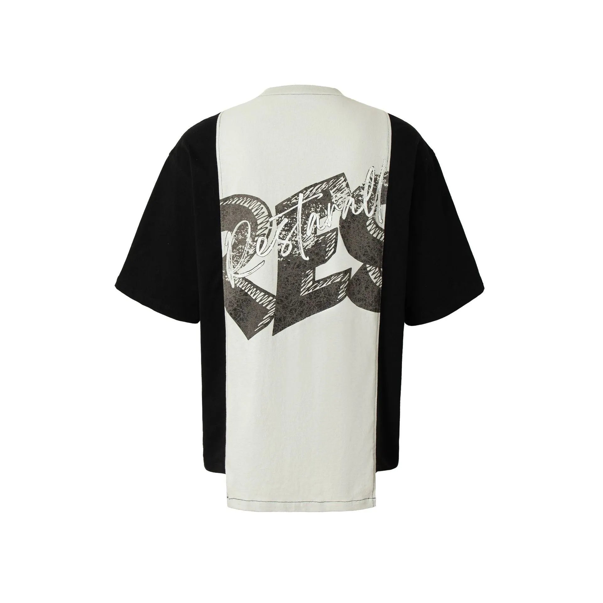 Black and white stitched deconstruction print cotton blend T-shirt with loose streetwear styling
