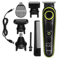 Black KM-696 USB rechargeable electric hair clipper set with stainless steel blades and cleaning brush.