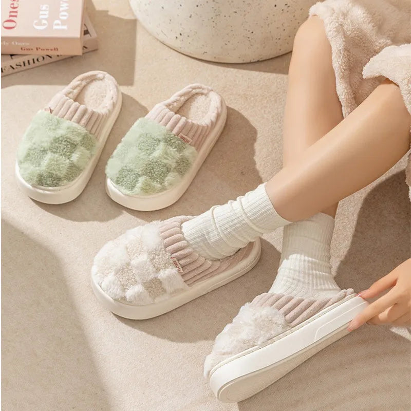 Women's plush indoor slippers in grey with round toe, non-slip PVC sole, and coral velvet upper.
