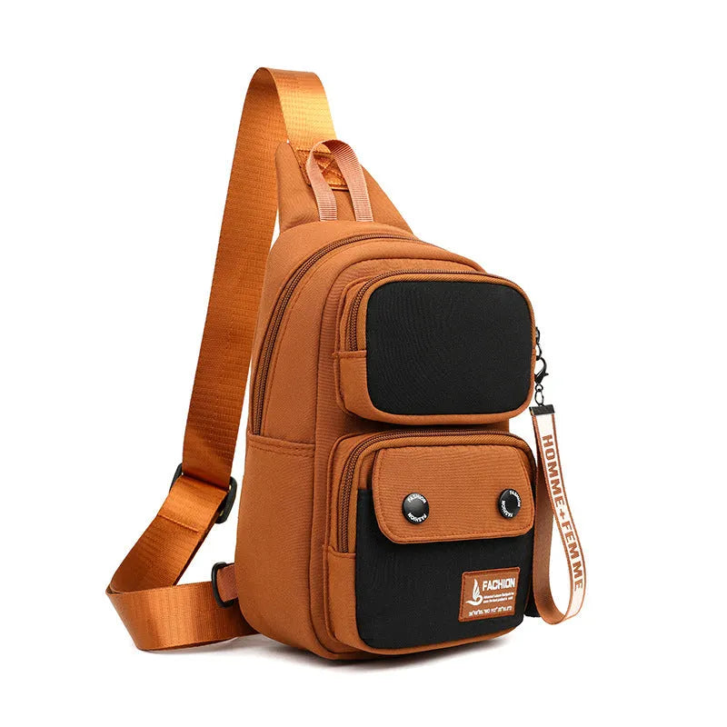 Multifunctional nylon crossbody shoulder bag with letter pattern in beige, black, or light brown for outdoor leisure storage.