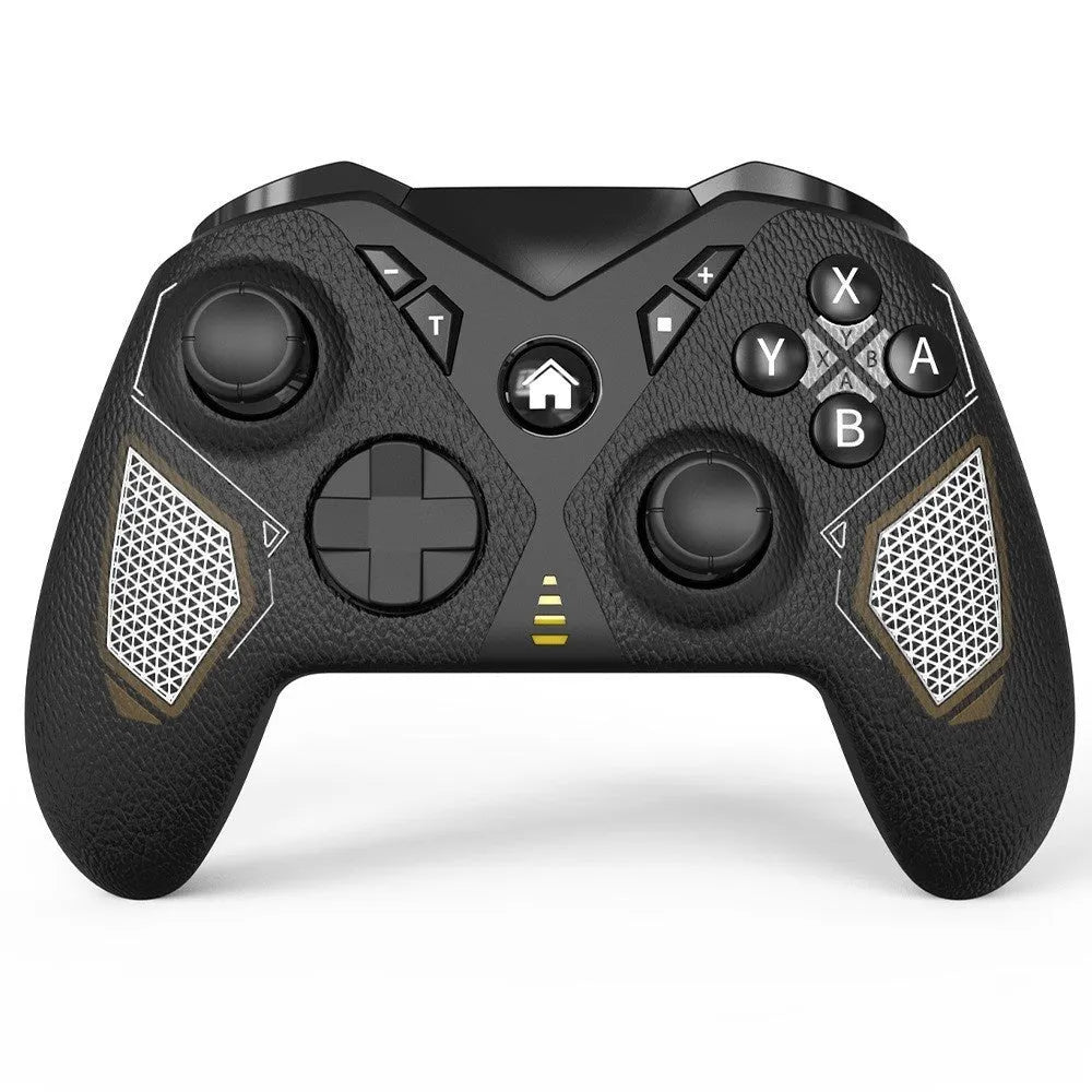 Black wireless game controller with leather-textured grips for Nintendo Switch gaming
