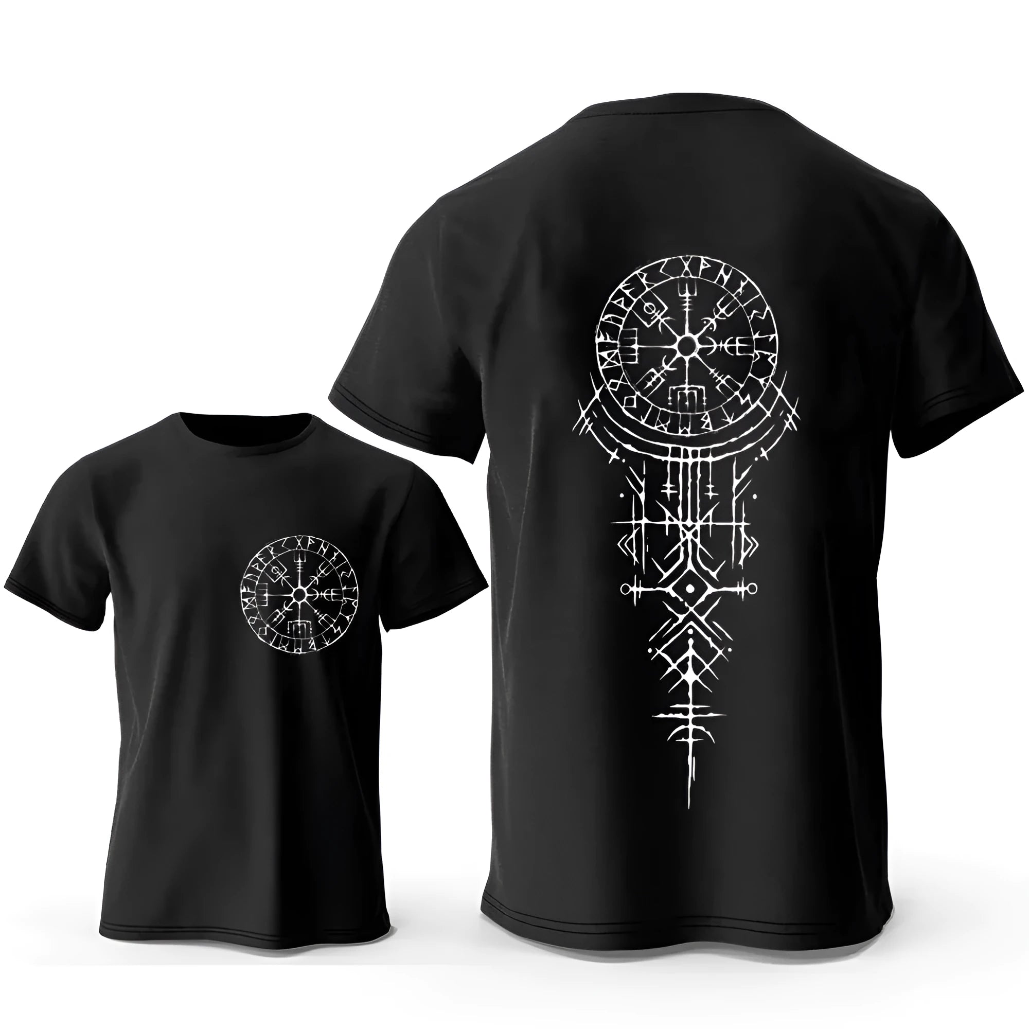 Man wearing a grey Viking rune compass graphic T-shirt made from pure cotton.