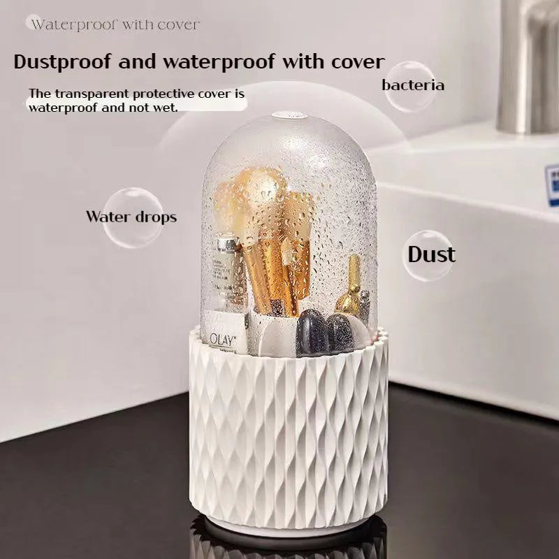 White rotating acrylic makeup brush storage box with transparent cover and split compartments