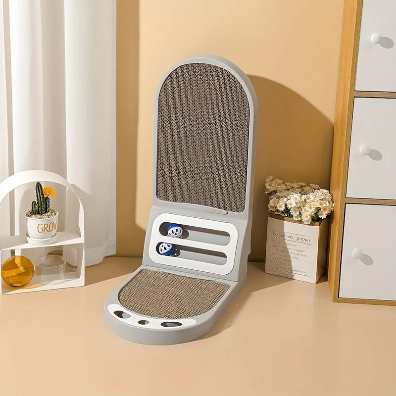 Grey L-shape vertical cat scratching board mounted on a wall for furniture protection.