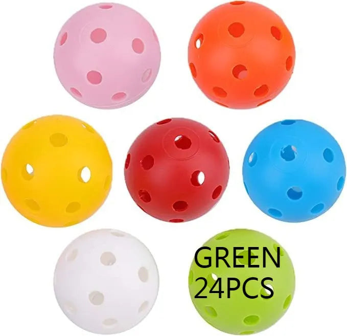 Multi-colour 42mm PE golf practice balls with 26-hole design in net pocket