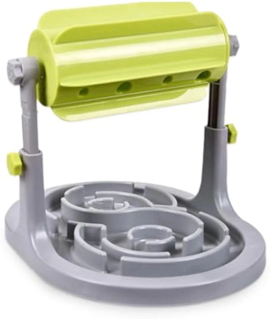 Interactive pet food puzzle slow feeder bowl in blue, green, or pink with adjustable height for dogs and cats