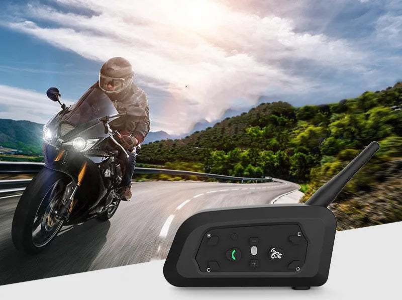 V6 Pro motorcycle helmet Bluetooth intercom unit with mounting clip and headset, shown with its 800m range and compact dimensions.