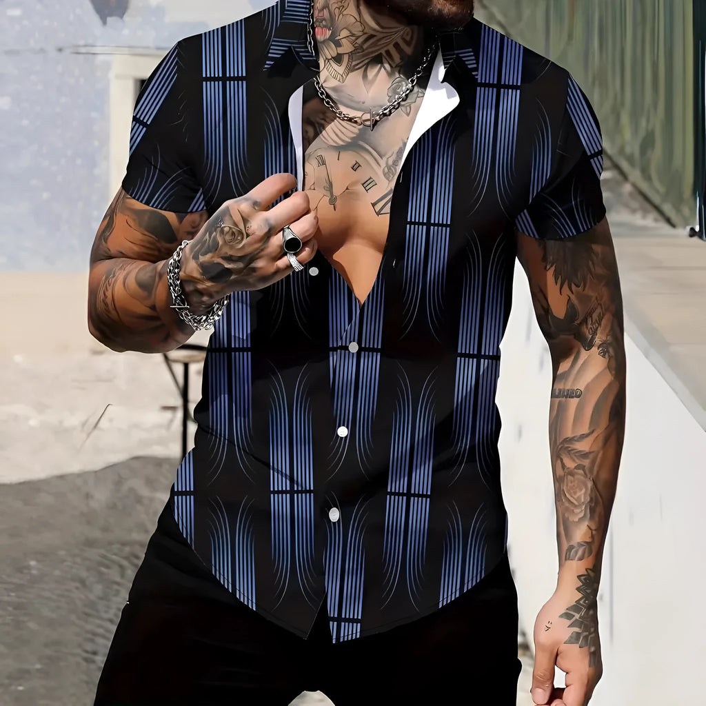 Men's slim fit geometric line print short sleeve polyester shirt shown on a model, available in multiple colours and sizes.