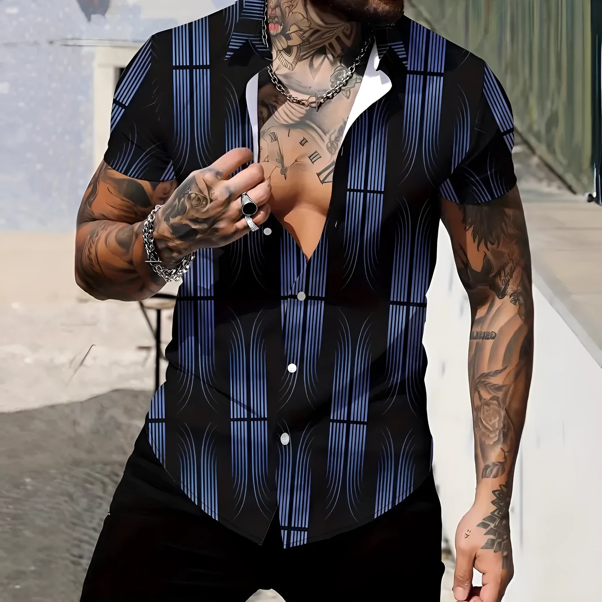 Men's slim fit geometric line print short sleeve polyester shirt shown on a model, available in multiple colours and sizes.