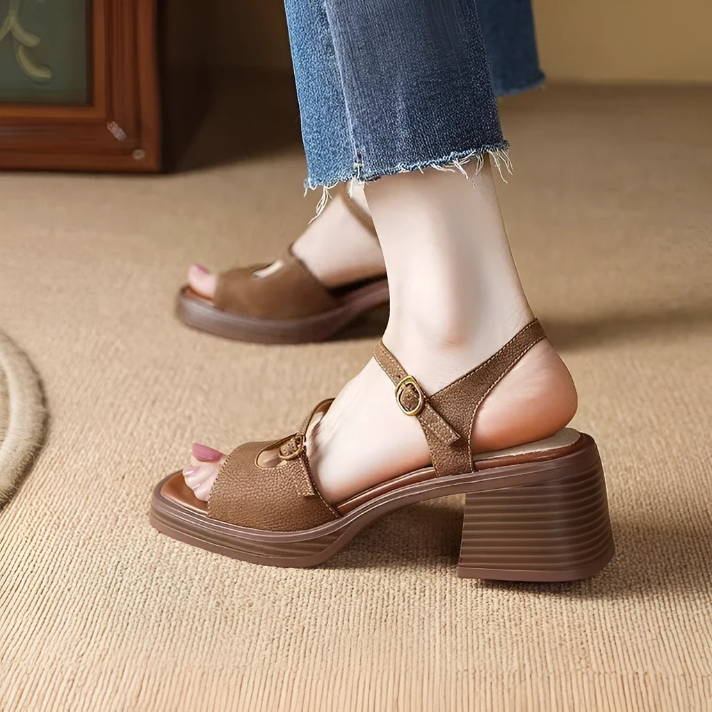 Women's open toe square toe retro platform sandals in beige and brown on a white background