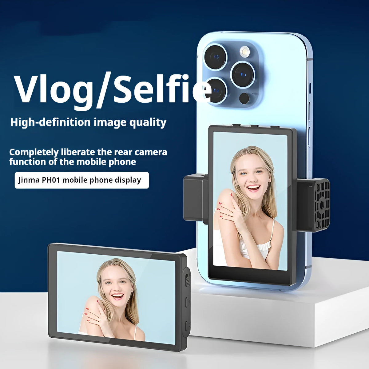 Mobile phone selfie mirror display screen with magnetic suction phone clip, Bluetooth remote control, storage bag, and charging cable.