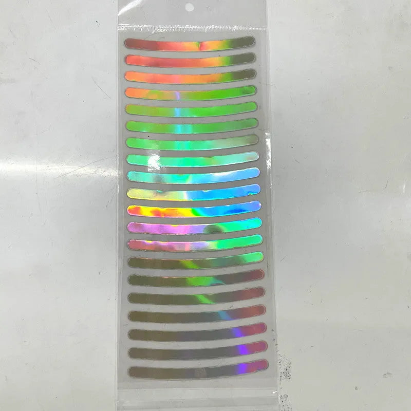 Pack of 20 arc-shaped reflective PVC stickers for car wheel hubs in various fluorescent and metallic colours