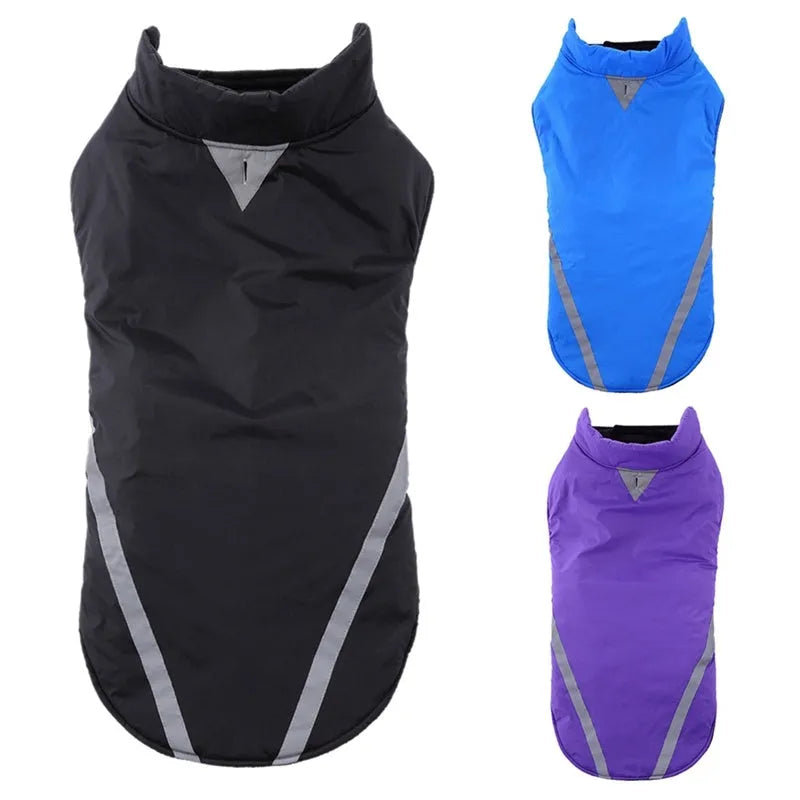 Cotton two-legged large dog jacket in black, blue or purple, sizes S to 2XL with cm size chart