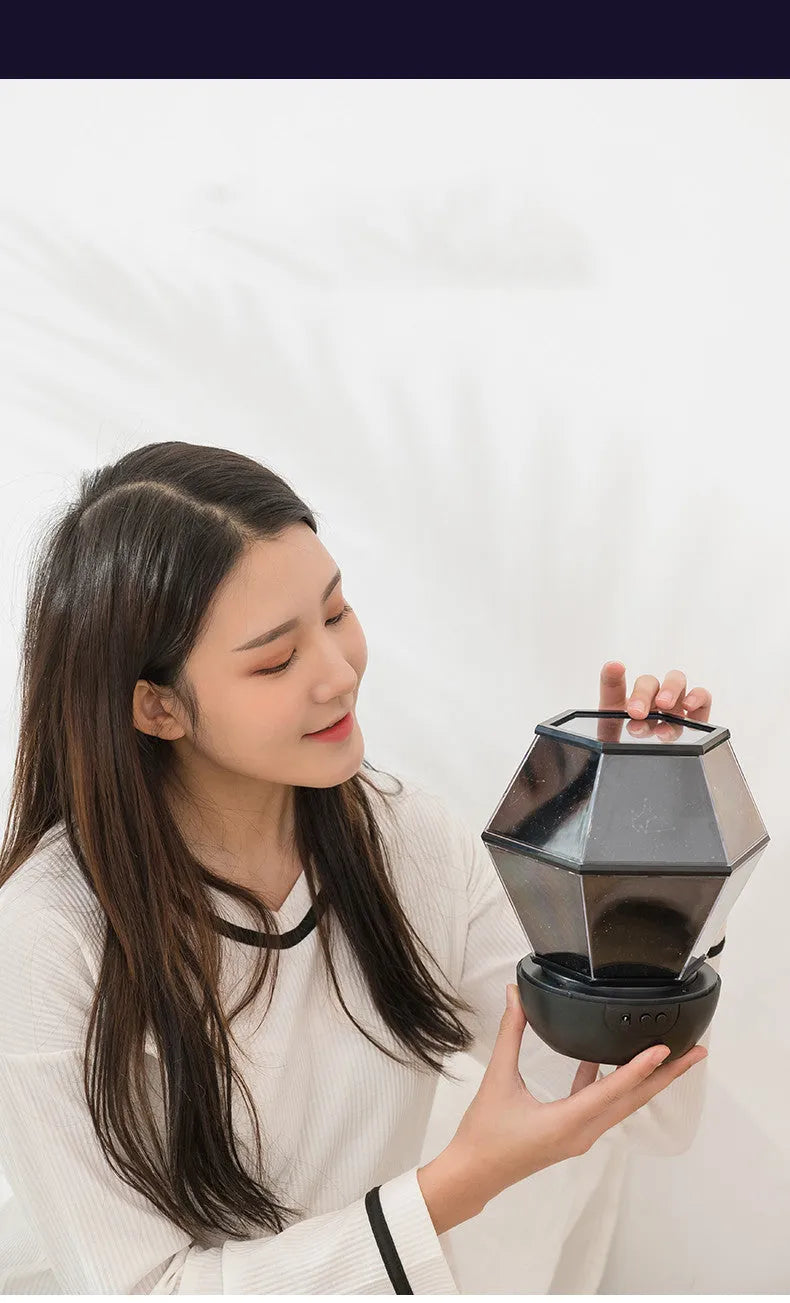 Children's rotating stars projection night light showing three-colour LED starlight effects