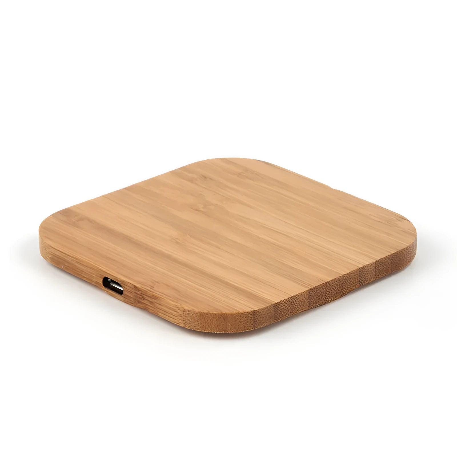 Square wooden bamboo 5W QI wireless charging pad on a desk