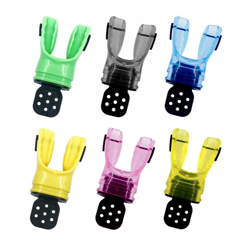 Edible silicone plastic-free diving mouthpiece with removable bite block in assorted colours.