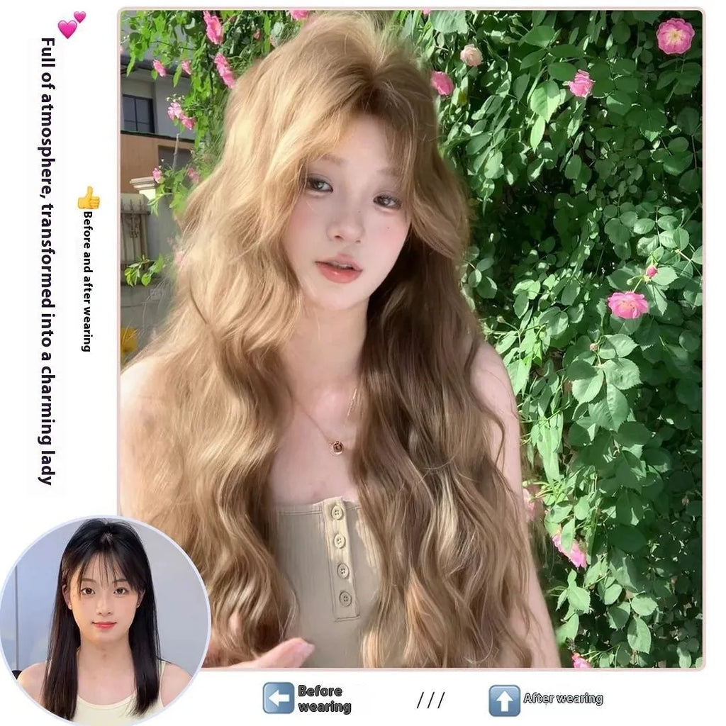 Medium length curly synthetic wig in linen brown colour with defined curls and included hair net