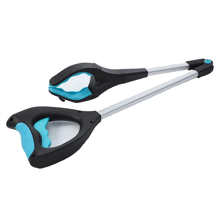Blue foldable portable pickup tool with telescopic handle extended to 83.5 cm next to folded 13 cm version
