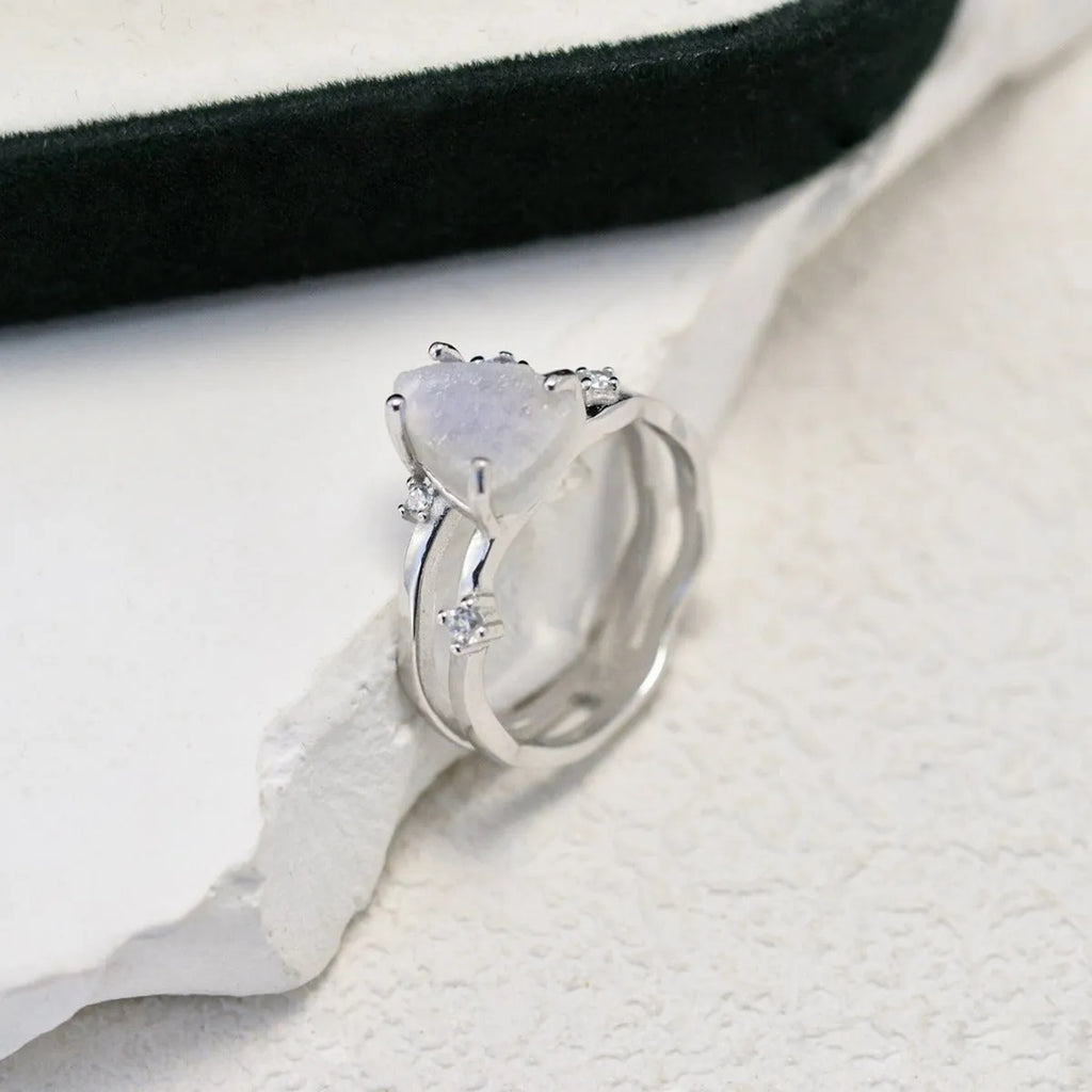 S925 sterling silver irregular triangle ring with a moonstone in rose gold, white gold, or yellow gold finish.