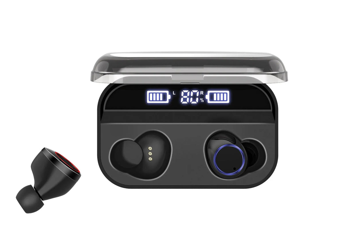 Black X11 wireless Bluetooth earbuds and charging case with silicone ear tips on a white background.