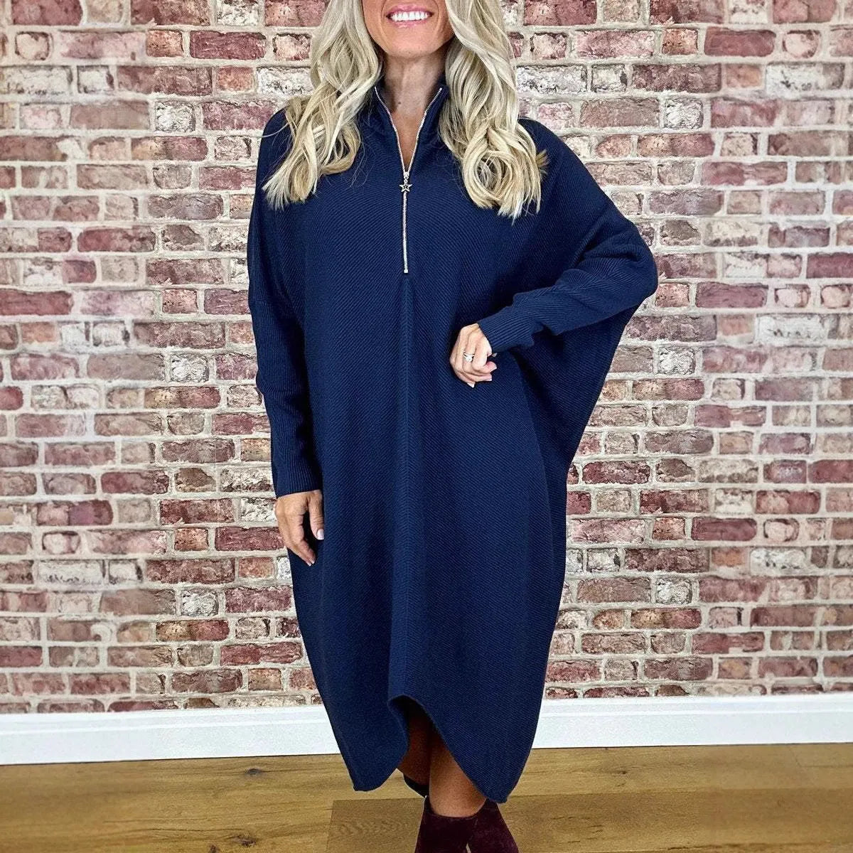 Women's solid colour knitted loose dress with raglan sleeves in dark green colour