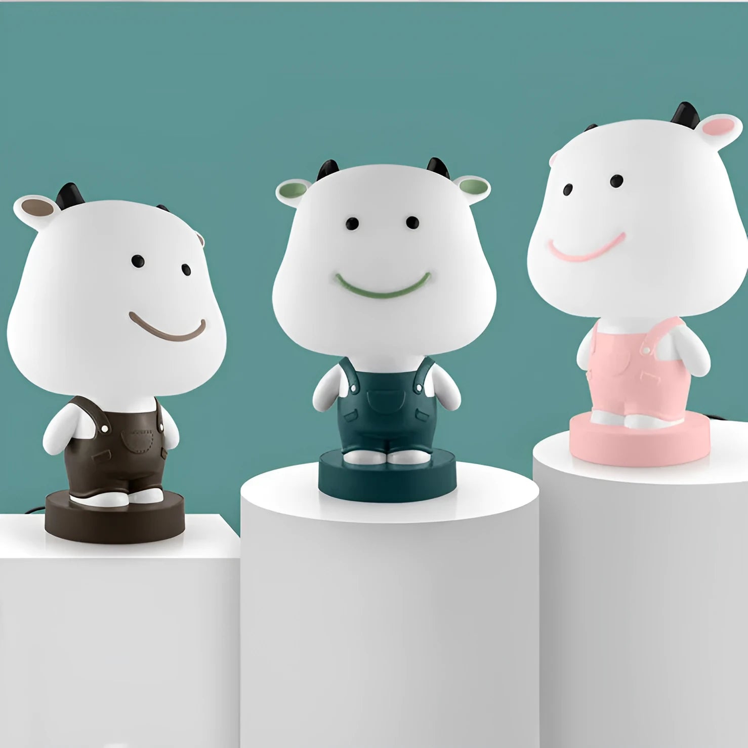 Cartoon animal table lamp in random bear, cattle, rabbit, or tiger design with plastic shade and LED light.