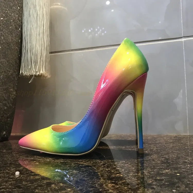 Rainbow patent leather ultra-high heel stiletto pumps with pointed toe