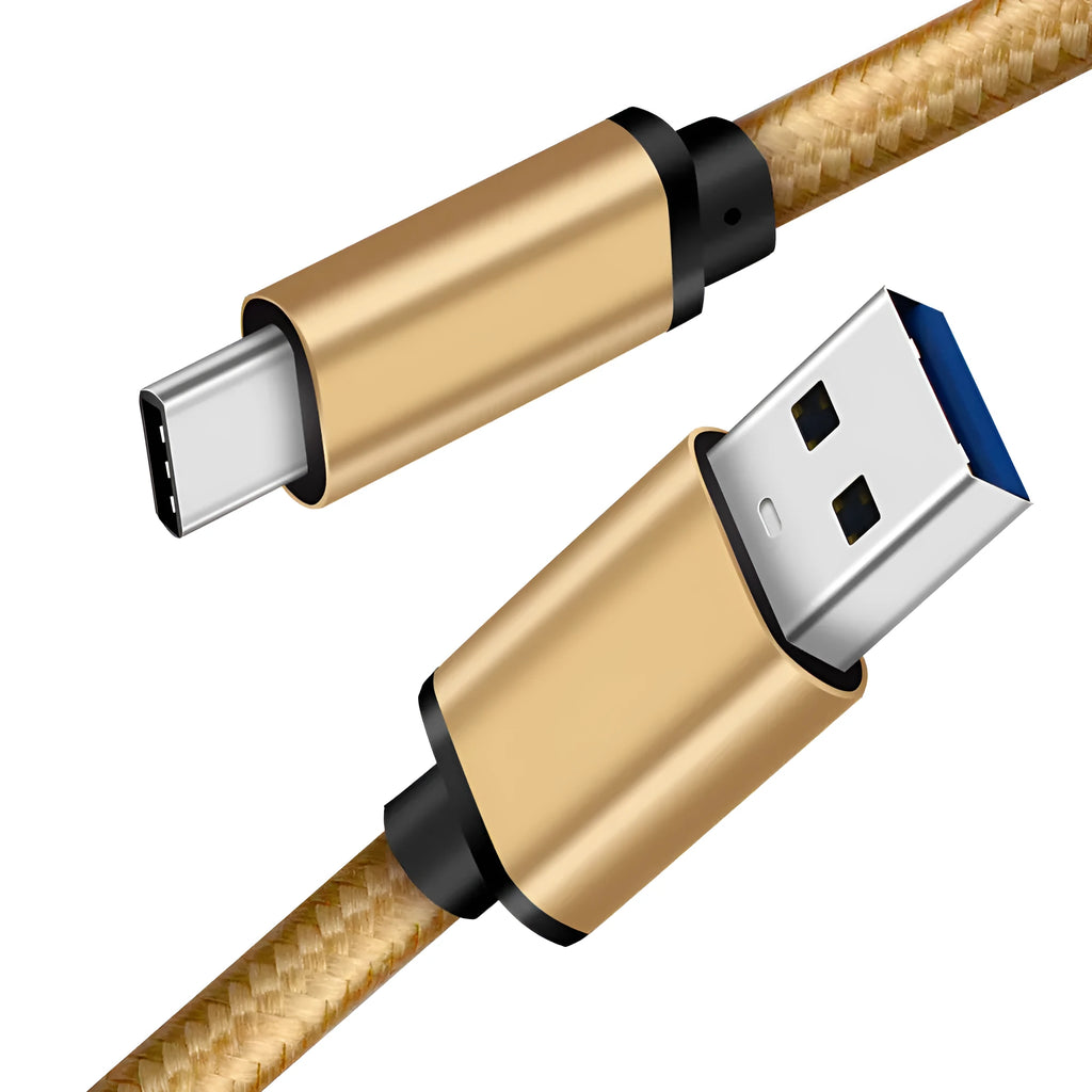 USB-C to USB-A charging and data cable with metal housing in gold colour