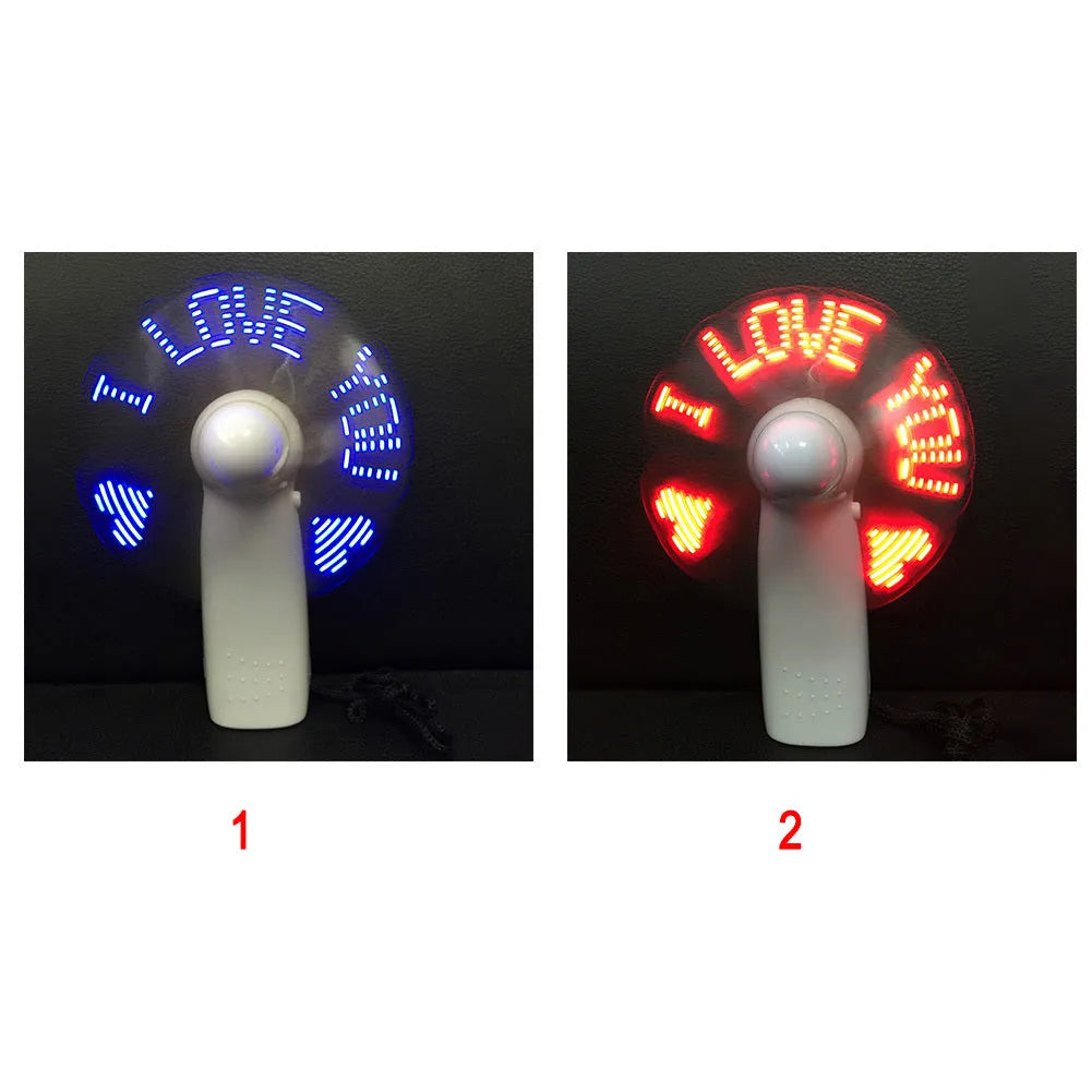 White handheld mini fan with flashing blue and red LED I love you pattern display